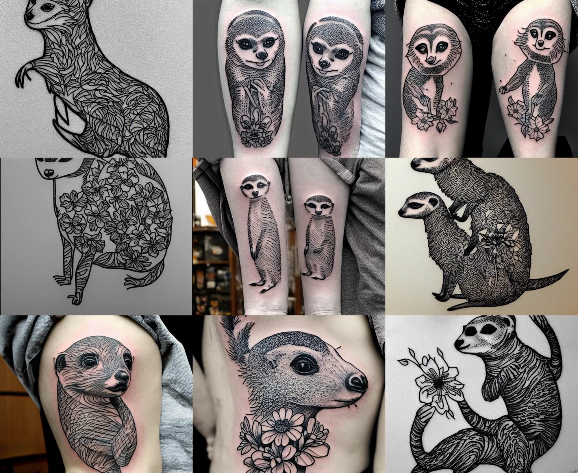 Image similar to detailed amazing tattoo stencil of a meerkcat standing flowers