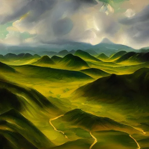 Image similar to green valleys across the horizons, beautiful clouds, natural beauty, soft focus, oil painting, high quality, highly detailed, concept art