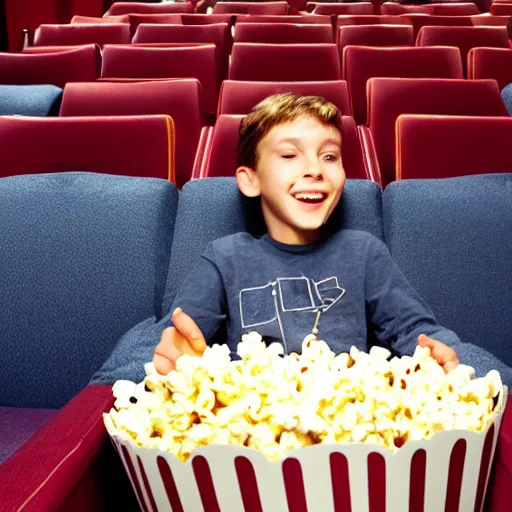 Image similar to a boy sitting alone in a movie theater eating popcorn, in the style of rockos modern life,