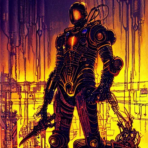 Image similar to cyberpunk knight, atmospheric lighting, painted, intricate, golden hour, ultra detailed by philippe druillet