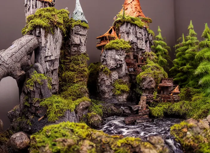 Prompt: high - res gopro photograph of a eood sculpture diorama with fantasy castles, highly detailed sculpey diorama, forest setting in iceland, waterfall backdrop, realistic materials, wood, felt, cloth, burlap, copper wire, hot glue, smooth, sharp foccus, commercial product photography,