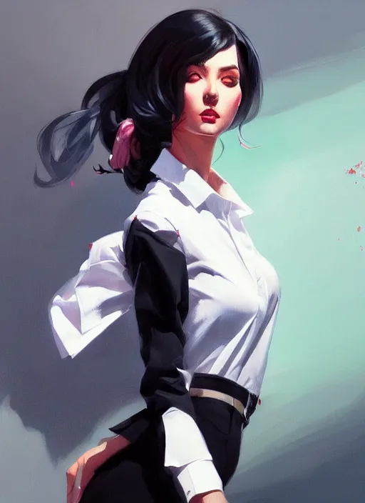 Image similar to a ultradetailed beautiful panting of a stylish woman wearing a shirt with a tie, she has black hair, dancing, background explosion, by jesper ejsing, ilya kuvshinov, greg rutkowski on artstation