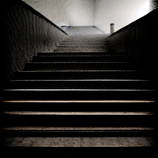 Image similar to black and white surreal photograph, highly detailed vast space made of stairsteps, sideview, detailed textures, natural light, mist, architecture photography, film grain, soft vignette, sigma 1 4 mm f / 1. 4 1 / 1 0 sec shutter, imax 7 0 mm footage