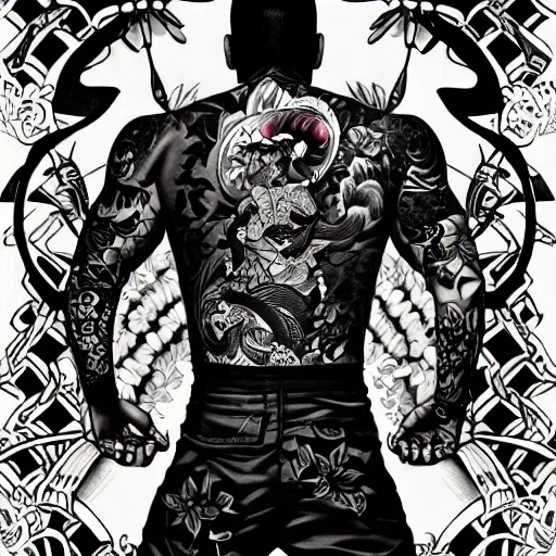 Prompt: silhouette of a heavily tattooed Yakuza warrior illustration, medium shot, intricate, elegant, highly detailed, digital art, ffffound, art by JC Leyendecker and sachin teng