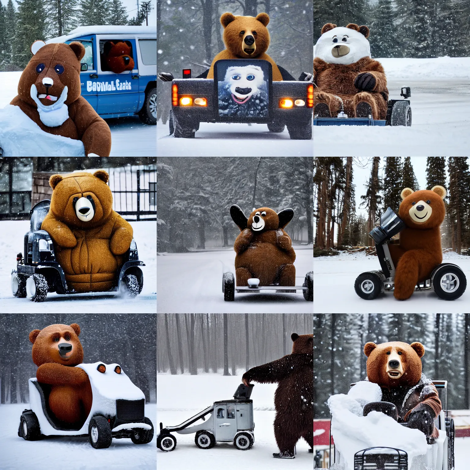 Prompt: anthropomorphic bear with human nicolas cage face caricature driving zamboni in snow, photography 4 k