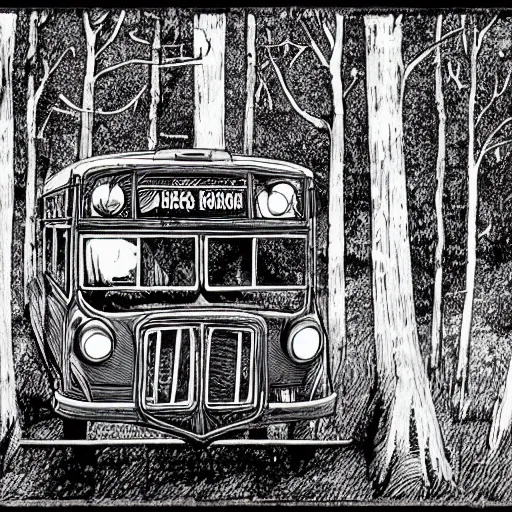 Prompt: a bus shelter in a wood, black and white inks, pencilled by Andy Kubert