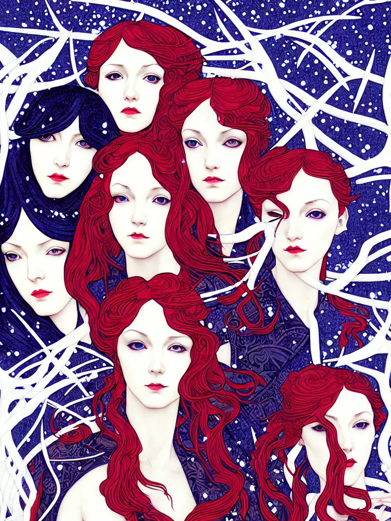 Image similar to triad of winter muses, style mix of æon flux, shepard fairey, botticelli, ivan bilibin, john singer sargent, pre - raphaelite, shoujo manga, harajuku fashion, dormant nature, snow, ice, stark colors, superfine inking, ethereal, 4 k photorealistic, arnold render