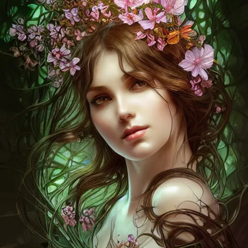 Image similar to a photograpic of lady nature, cute, fantasy, intricate, elegant, highly detailed, digital painting, artstation, concept art, smooth, sharp focus, illustration, art by artgerm and H R Giger and alphonse mucha