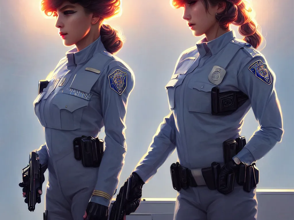 Prompt: portrait futuristic usa police uniform girl, at future neon light rooftop, ssci - fi and fantasy, intricate and very very beautiful and elegant, highly detailed, digital painting, artstation, concept art, smooth and sharp focus, illustration, art by tan zi and ayanamikodon and alphonse mucha and wlop