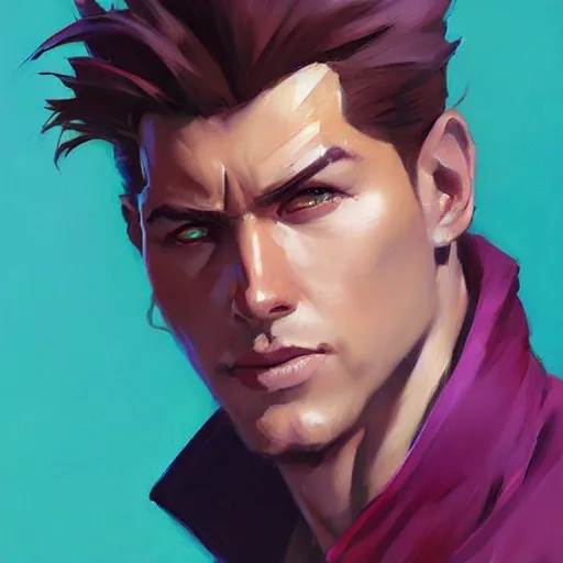 Image similar to Greg Manchess portrait painting of Gambit as Overwatch character, medium shot, asymmetrical, profile picture, Organic Painting, sunny day, Matte Painting, bold shapes, hard edges, street art, trending on artstation, by Huang Guangjian and Gil Elvgren and Sachin Teng