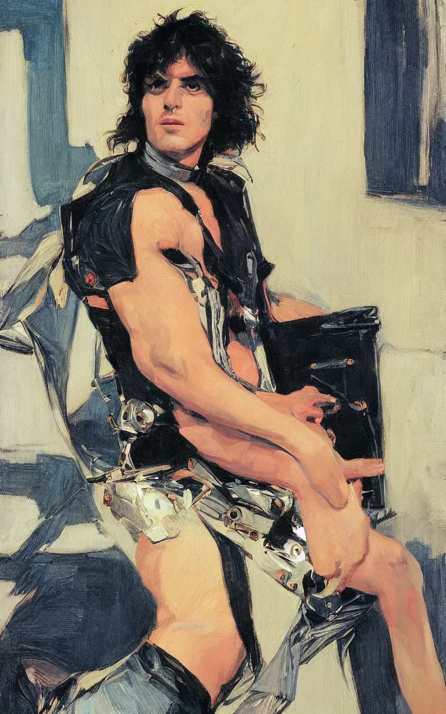Prompt: portrait of a glam rocker man in the style of syd mead and john william waterhouse