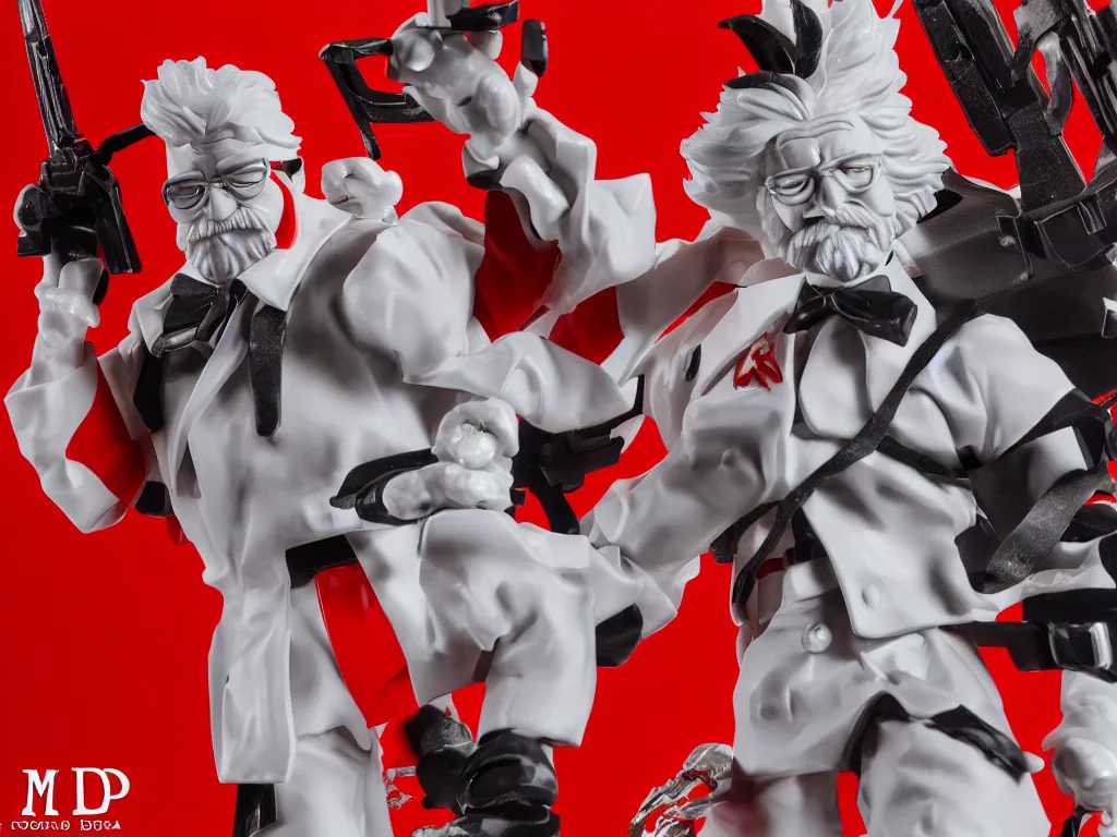 Prompt: A McDonald's happy meal toy of Colonel Sanders from KFC fighting Cyborg Ninjas, 4k, highly detailed. award winning. look at all that detail!