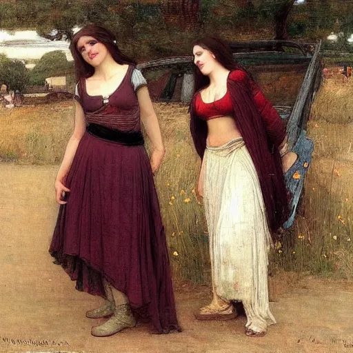 Image similar to two very very very beautiful women standing in front of a truck, smiling, flirty, perfect face, perfect body, digital art by john william waterhouse