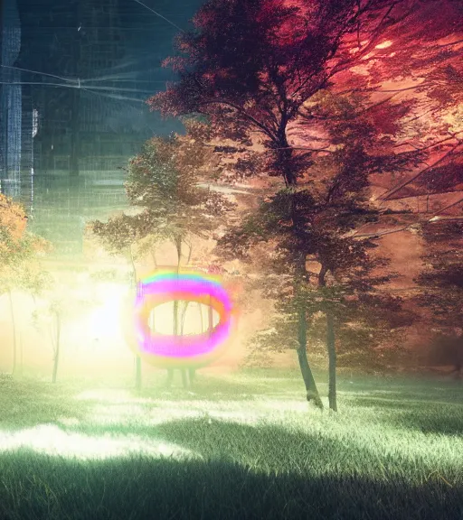 Image similar to daydreaming of the sun glares, fluidity transparent dance of the blockchain sheets, cyberpunk forest, majestic light, octane render, beauty fog, ethereal glare of the sun, raining rainbow, volumetric lighting, hyperealistic, epic, masterpiece