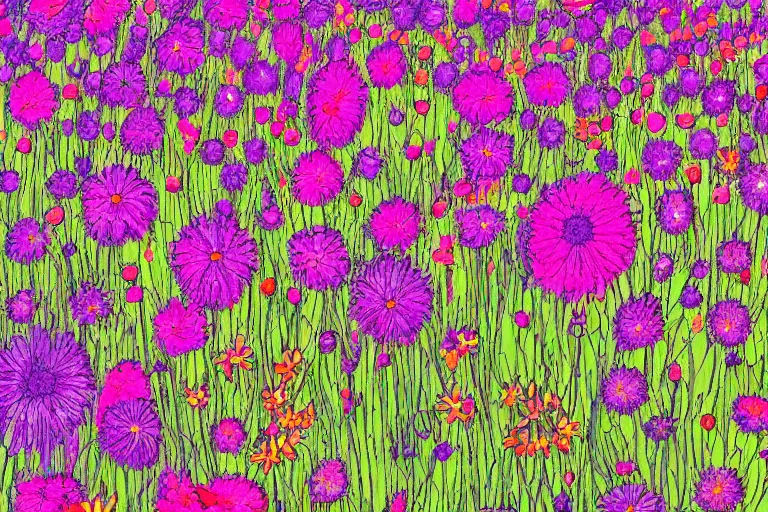 Prompt: in the style of neurographic drawing of a field of flowers