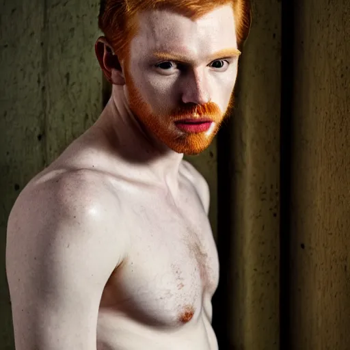 Image similar to color portrait of a very pale ginger male model by emmanuel lubezki