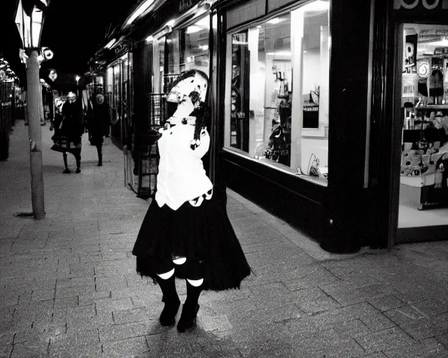 Prompt: a goth girl at a british shopping precinct at night, 2006, amateur