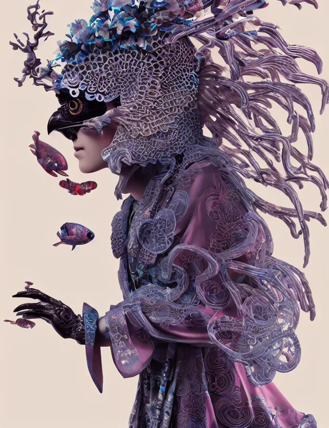 Image similar to 3 d goddess in robe close - up profile portrait with ram skull. beautiful intricately detailed japanese crow kitsune mask and clasical japanese kimono. betta fish, jellyfish phoenix, bio luminescent, plasma, ice, water, wind, creature, artwork by tooth wu and wlop and beeple and greg rutkowski