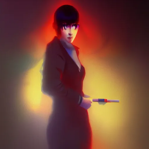 Prompt: blade runner rachael holding a cigarette in her hand, an airbrush painting by ilya kuvshinov, cgsociety, digital art, backlight, indoor light, volumetric lighting, digital painting, smokey background, concept art, trending on artstaion