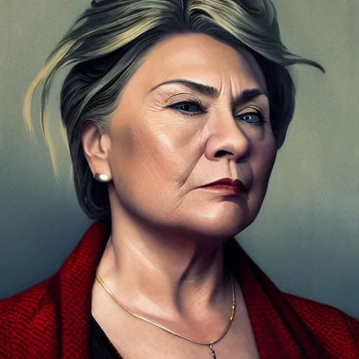 Image similar to ultra realistic illustration, roseanne barr as hillary clinton, intricate, elegant, highly detailed, digital painting, artstation, concept art, smooth, sharp focus, illustration, art by artgerm and greg rutkowski and alphonse mucha