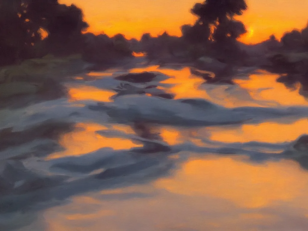 Prompt: trending on artstation, a beautiful river during sunset, in the style of John Singer Sargent