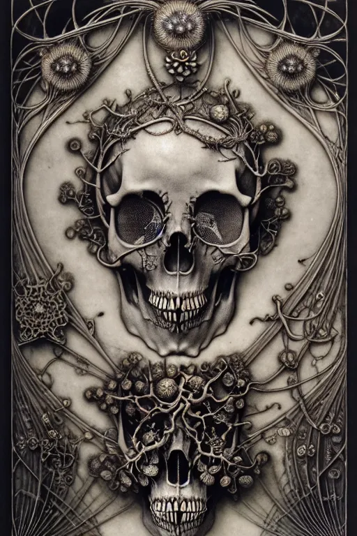 Image similar to art forms of nature by ernst haeckel, memento mori by arthur rackham, ornate antique porcelain beautiful skull mask, ultrasharp, photorealistic, hyperdetailed, octane render, polished, art nouveau, neo - gothic, gothic, intricate ornamental organic filigree, art nouveau botanicals, art forms of nature by ernst haeckel, horizontal symmetry, symbolist, visionary