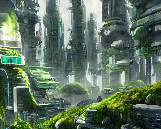 Prompt: A utopian futuristic city with green plants and flowing white buildings, brightly lit by the sun, beautiful lighting, highly detailed digital art, trending on Artstation