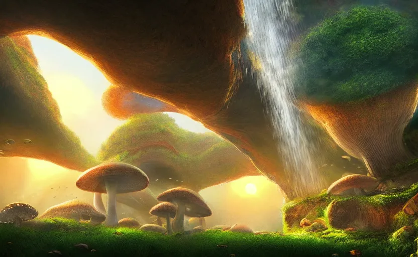 Prompt: a beautiful and stunning professional digital artwork of a humongous mushroom cave, mushroom houses, haze, waterfall, volumetric lighting, hyperrealistic, sunset, rtx on, ultra detail