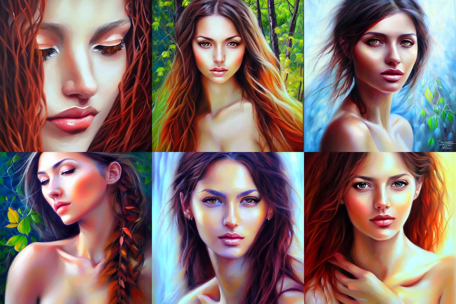 Prompt: portrait of a beautiful woman, nature elements, acrylic painting, by dimitra milan, by artgerm.