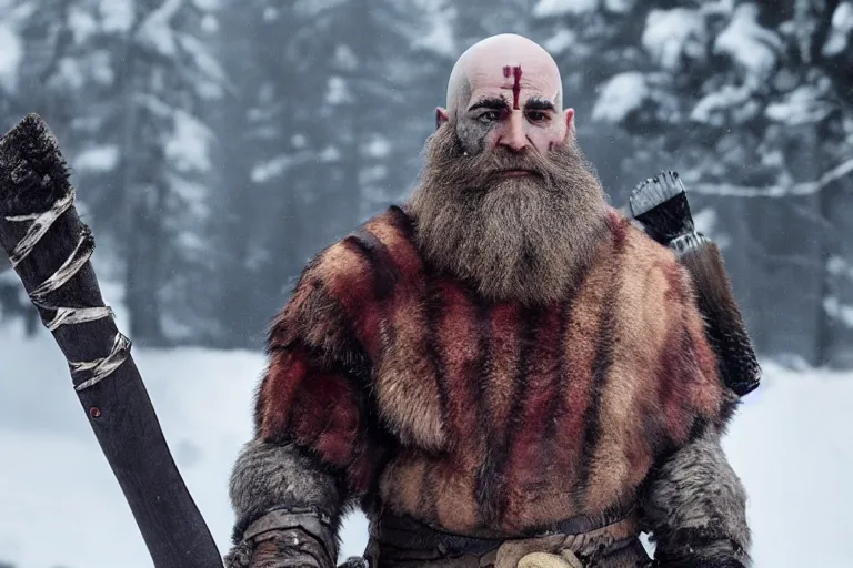 Image similar to vfx movie tough bald man in furs, natural grizzled skin, streaks of red face paint grey beard, dual wielding detailed viking war axes, in snowy tahoe, god of war by emmanuel lubezki