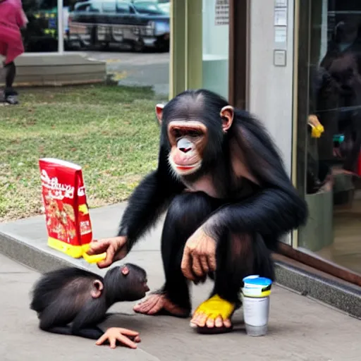 Prompt: little chimpanzees straling food from people in mcdonald