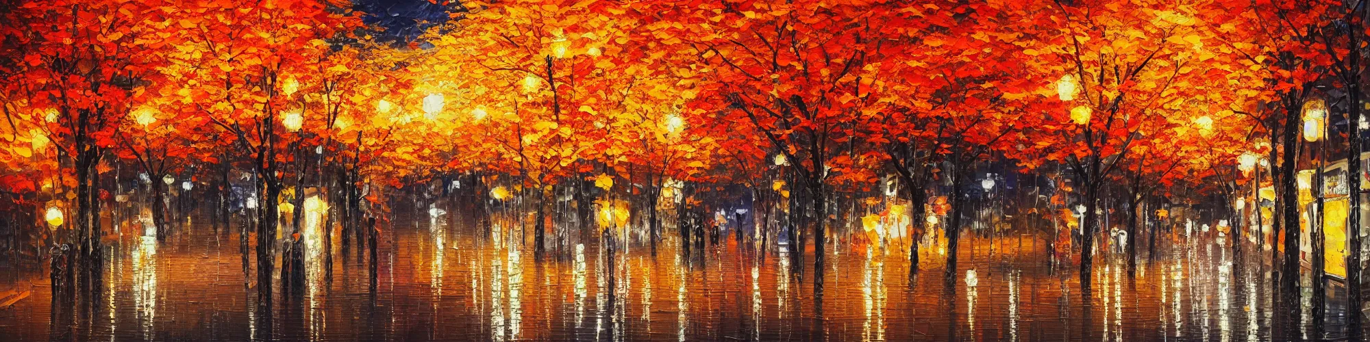 Image similar to painting of autumn japanese city landscape during night, award winning painting, beautiful, breathtaking, stunning scenery, trending on artstation, masterpiece