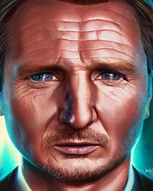 Image similar to portrait ultra dimensional liam neeson, accidentally tripping on dmt and acid, psychedelic experience, overwhelming psychosis of self realization and burning awakening, ultra high definition, unreal engine 5, hyperrealism, masterpiece composition, by casey weldon, barclay shaw 8 k photorealistic