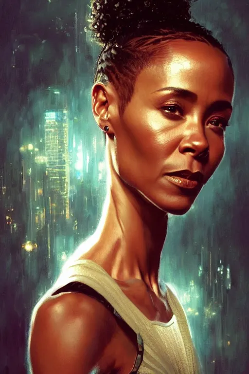 Image similar to young jada pinkett smith from the matrix profile picture by Greg Rutkowski, dynamic pose, afro futurism, intricate, futuristic, fantasy, elegant, by Stanley Artgerm Lau, greg rutkowski, thomas kindkade, alphonse mucha, loish, norman Rockwell,