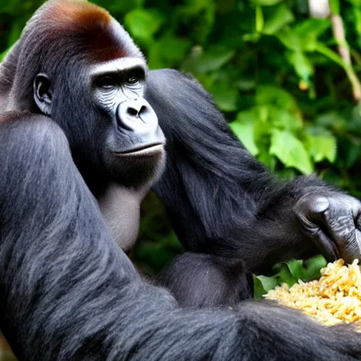 Prompt: Gorilla eating rice