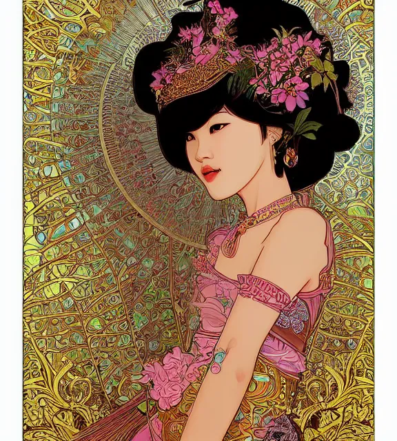 Image similar to beautiful and detailed digital illustration of thai rice princess by kittichai rueangchaichan and Ilya Kuvshinov, floralpunk, Artstation, art nouveau aesthetic, Alphonse Mucha background, intricate details,