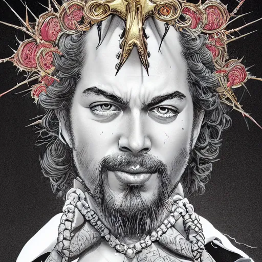 Image similar to portrait of crazy post malone as jesus with thorns crown, symmetrical, by yoichi hatakenaka, masamune shirow, josan gonzales and dan mumford, ayami kojima, takato yamamoto, barclay shaw, karol bak, yukito kishiro