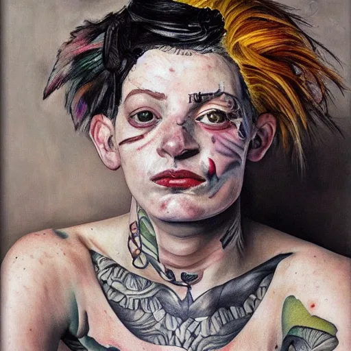 Prompt: high quality high detail painting by lucian freud, hd, exaggerated portrait of punk tattooed girl, photorealistic lighting