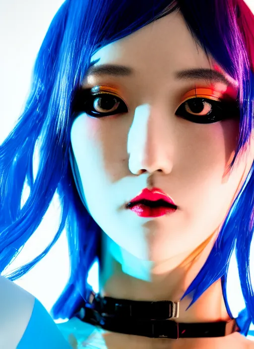 Image similar to a close-up risograph long shot of cyberpunk japanese model girl with black eyes and pretty face wearing latex catsuit and lots of transparent and cellophane accessories, blue hour, twilight, cool, portrait, Kodachrome, ISO1200,