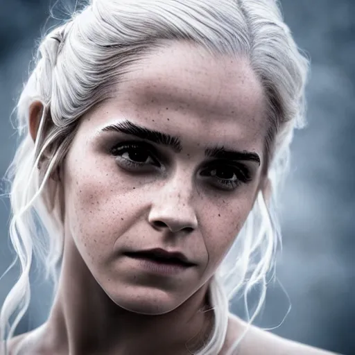 Image similar to Emma Watson frontal in-center full shot modeling as Daenerys Targaryen From Game of Thrones, (EOS 5DS R, ISO100, f/8, 1/125, 84mm, postprocessed, crisp face, facial features)
