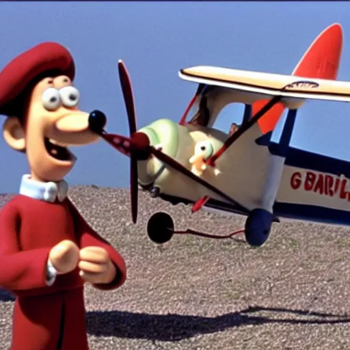 Image similar to Wallace and Gromit flying a plane