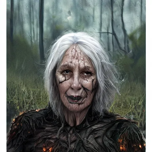 Image similar to fantasy portrait of an energetic old woman with silky, cloudy grey hair, black scars on her face, swamp vegetation in the background, nocturnal palette, art by greg rutowski, raphael lacoste, eddie mendoza, artgerm, trending on artstation