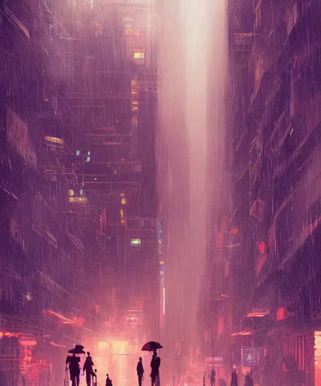 Image similar to street from paris or neo tokyo , humid ground, people and creatures walking holding neon ombrellas, volumetric light, bokeh light from top, science fiction elements like droids or big computer screens, brutalist architecture, rainy mood, artstation, art pascal campion