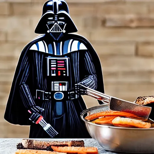 Prompt: darth vader grilling wearing a apron with a funny joke on it, realistic