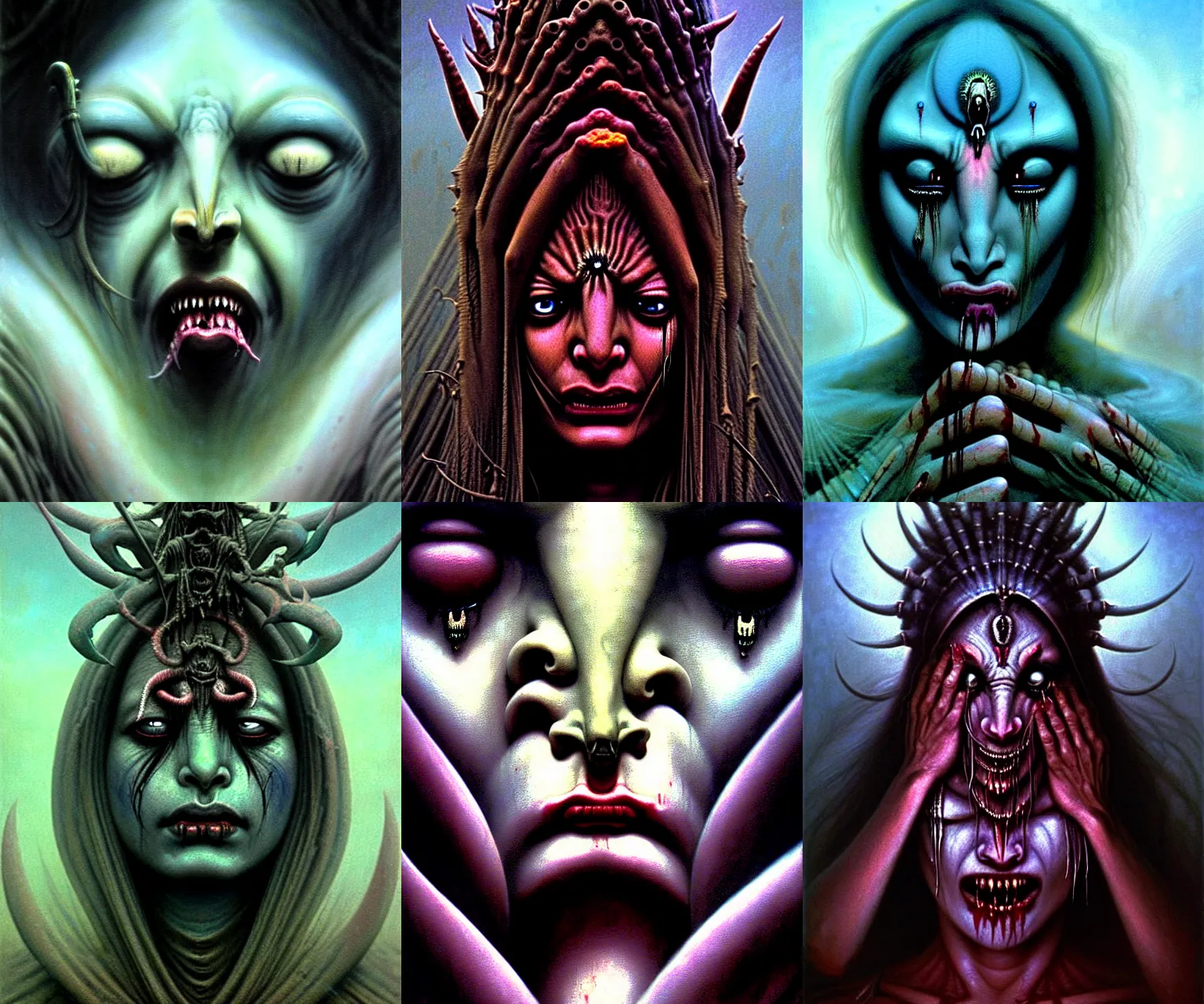 Prompt: A cinematic crying closeup portrait of the Hindu demon goddess of grief despair sorrow, by Carlos Ochagavia, by Wayne Barlowe, by Paul Lehr, by Bruce Pennington, by Zdzisław Beksiński, by HR Giger, oil on canvas, masterpiece, trending on artstation, featured on pixiv, cinematic composition, astrophotography, dramatic pose, beautiful lighting, sharp, details, details, hyper-detailed, no frames, 8K