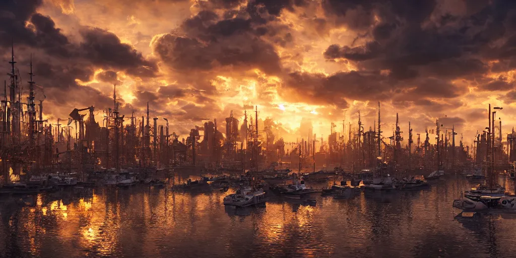 Prompt: a cinematic frame of a steampunk harbor at sunset, beautiful clouds in the sky, gold and copper color scheme hyperdetailed, 8 k