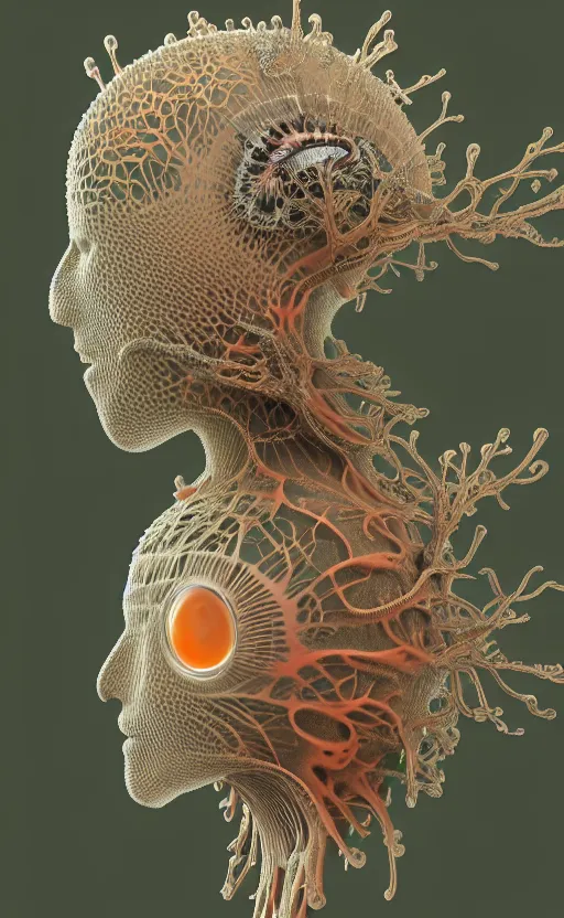 Image similar to portrait intricate mask, eagle coral, jelly fish, mandelbulb 3 d, fractal flame, octane render, cyborg, biomechanical, futuristic, by ernst haeckel