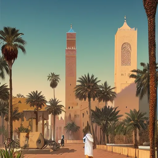 Prompt: cat travels through marrakech streets, morocco, palm trees, mosque, vaporwave, highly detailed, digital painting, artstation, concept art, smooth, sharp focus, illustration, art by artgerm and greg rutkowski and alphonse mucha