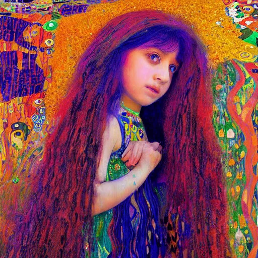 Prompt: painting of vivid colors iraqi child in girl with long hair 🍁🌫 of a gustav klimt wallpaper by android jones detailed matte painting 8 k