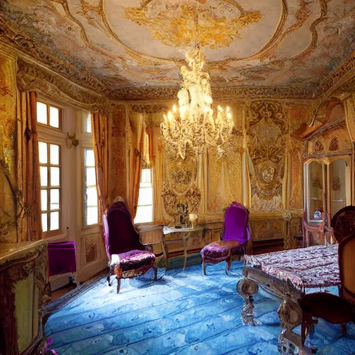 Prompt: rococo castle room on fire